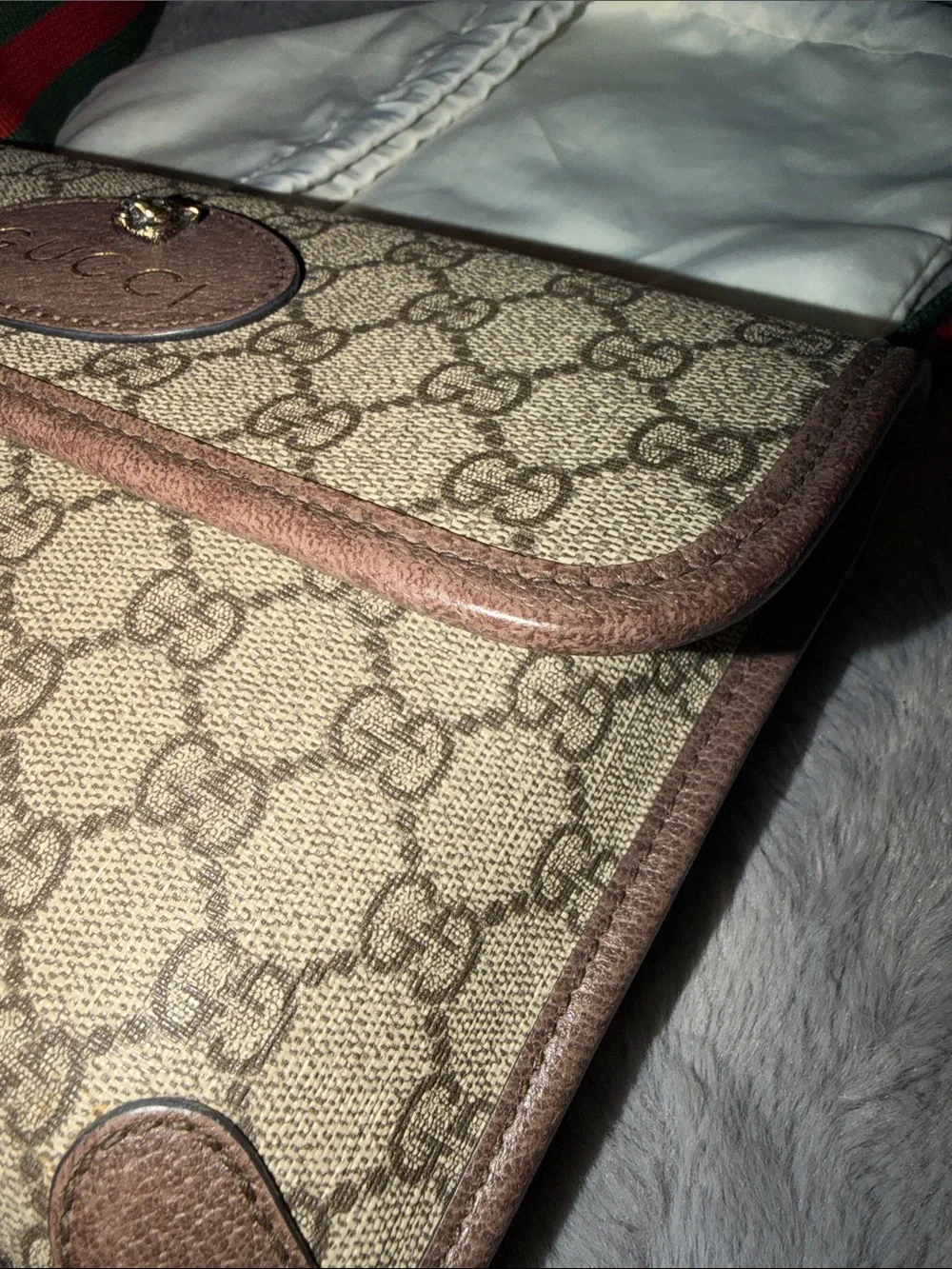 Preloved Gucci Brown GG Canvas Belt Bag with Green-Red Web Strap with Dust bag